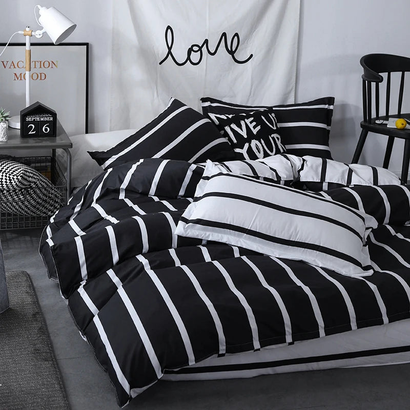 Bonenjoy Black and White Colo Striped Bed Cover Sets Single/Twin/Double/Queen/King Quilt Cover Bed Sheet Pillowcase Bedding Kit