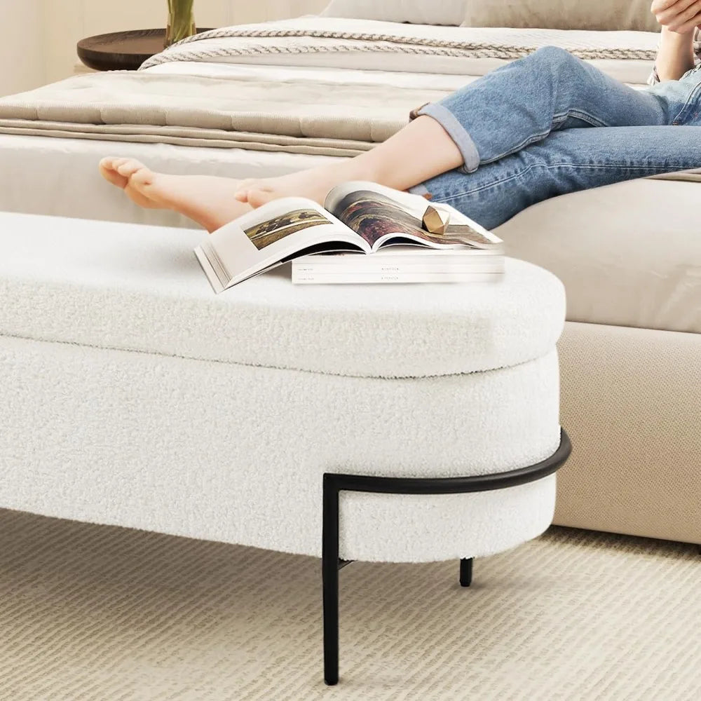 White Ottoman Sherpa Bench with Storage,Large Storage Space, Modern Storage Bench for Living Room/Bedroom/End of Bed/Bed Side